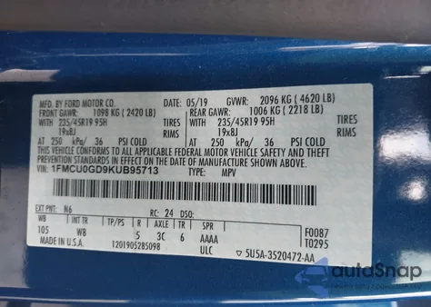 2019 Ford Escape Se z USA, uszkodzony, nr VIN 1FMCU0GD9KUB95713